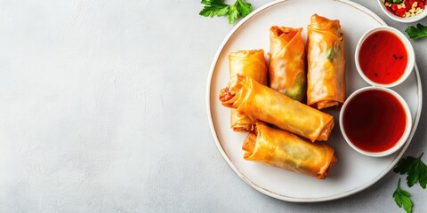 Fried spring rolls filled with vegetables and duck meat on a white plate with dipping sauce on a light stone table aerial view fresh herbs