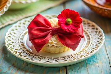 Delicate Lace Hair Bow with Red Rose on Gourmet Dessert Plate