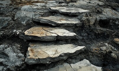 Fototapeta premium Stepped cracked stone, rough, with some dark mud, rocky.