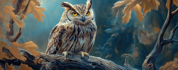 A classic painting of a wise old owl with piercing yellow eyes, perched on a weathered branch.