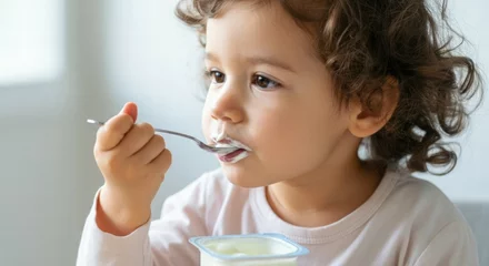 Fotobehang Caucasian female child eating yogurt with spoon in a bright setting © Passion