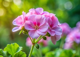 Obraz premium Delicate Pink Geranium with Lilac Hues, Natural Green Background - Stock Photo