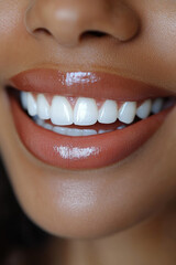 Fototapeta premium A close-up of a smiling person with bright white teeth and glossy lips. The healthy and well-aligned teeth create an attractive and confident look. 