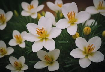 Fototapeta premium Delicate white flowers with yellow centers blooming in a lush green setting