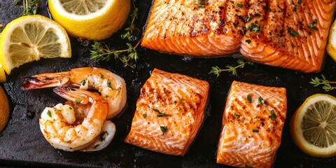 Grilled salmon fillets and prawns garnished with lemon slices and fresh herbs on a dark stone background showcasing vibrant yellow and orange colors