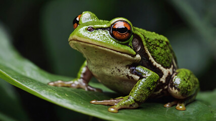 Obraz premium Small Green Frog sitting on leaf in the grass with close-up view of its eye, showcasing the beauty of nature and wildlife, Green frog sitting on leaf in Forest Background