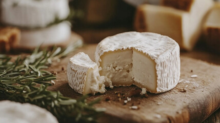 Creamy goat cheese displayed on rustic wooden board with fresh herbs and various cheese varieties