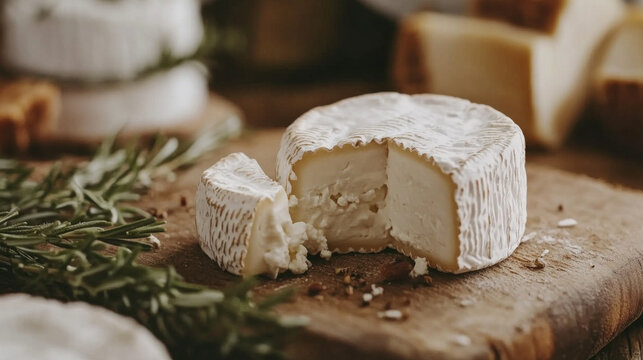 Creamy goat cheese displayed on rustic wooden board with fresh herbs and various cheese varieties