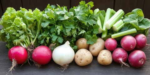 Fresh organic vegetables including green lettuce, parsley, celery, radishes, and potatoes on a rustic wooden surface with ample space for text.