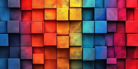 Colorful abstract block backdrop featuring vibrant shades of red, orange, yellow, green, blue, and purple arranged in a dynamic grid pattern.