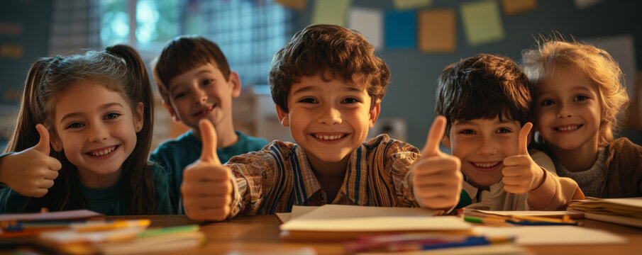 Happy children smiling and giving thumbs up around desk filled with school supplies, showcasing joy and friendship in classroom setting