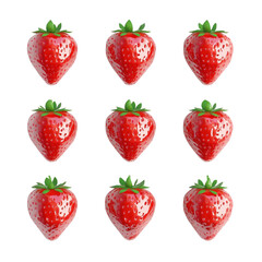 Nine glossy strawberries on a vibrant striped background,