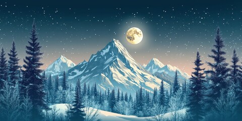 Fototapeta premium Majestic Winter Mountain Landscape Underneath a Full Moon