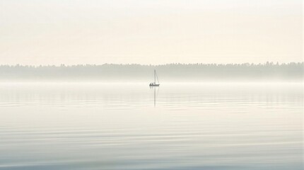 Serene sailboat on calm misty lake at sunrise. Peaceful and tranquil scene with perfect reflection. Ideal for travel, nature, and relaxation themes