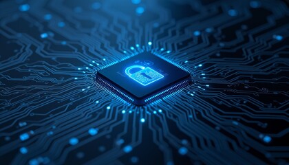 Glowing microchip on blue circuit board with intricate details