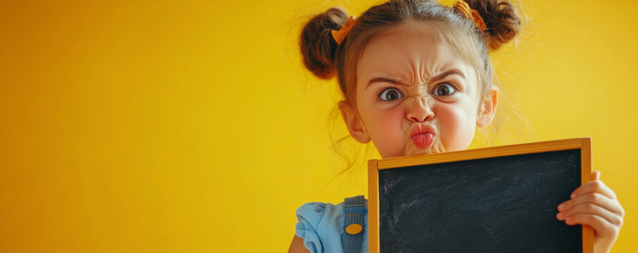 playful schoolgirl making silly face while holding chalkboard. Her expression is humorous and full of energy, set against bright yellow background - Powered by Adobe