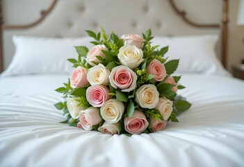 beautiful bouquet of pink and cream roses rests on a white bed. Perfect for wedding, valentines day, romance or floral backgrounds. soft lighting