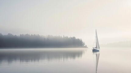 Serene sailboat on calm misty lake at sunrise. Peaceful and tranquil scene with perfect reflection. Ideal for travel, nature, and relaxation themes