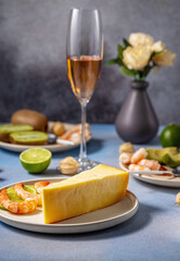 Gourmet cheese wedge with shrimp, kiwi, and sparkling wine, a delightful culinary experience