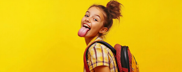 Fototapeta premium playful schoolgirl with backpack sticking out her tongue against bright yellow background, exuding joy and confidence