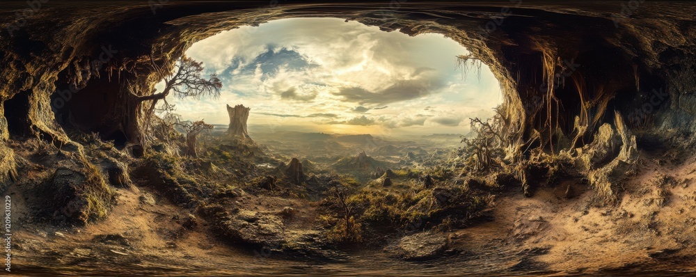 Canvas Prints a panoramic view of a hidden alien civilization nestled within a crater.