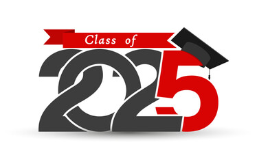 Class 2025. Stylized inscription with the year and the graduate's cap. Vector illustration for graduation themed design, simple style.
