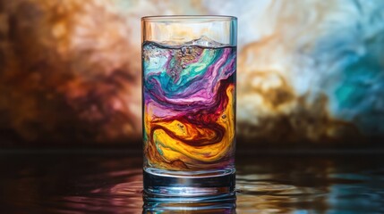 Colorful liquid swirls in a glass on a reflective surface.