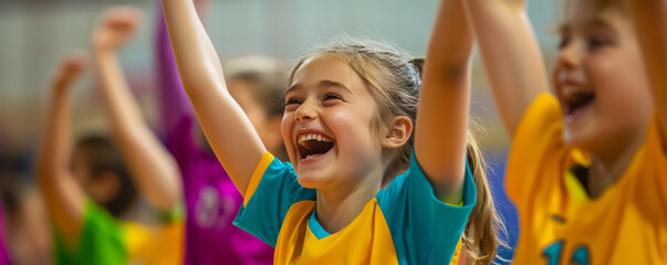Children celebrating point during youth volleyball game, showcasing joy and teamwork. atmosphere is filled with excitement and camaraderie among young athletes