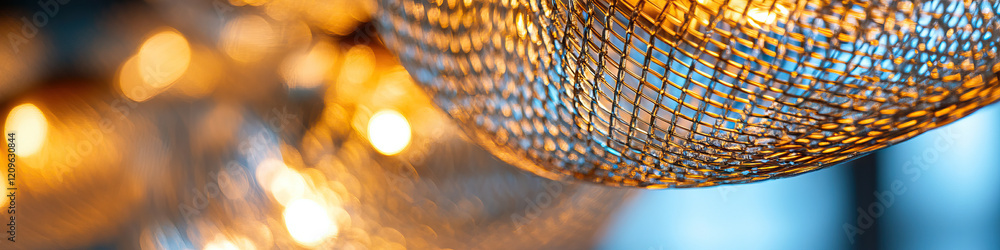 Poster close-up of illuminated wire mesh sphere with bokeh background