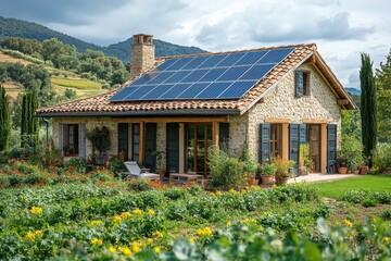 Obraz premium Beautiful stone house featuring solar panels on its roof, surrounded by lush gardens and a serene countryside landscape.