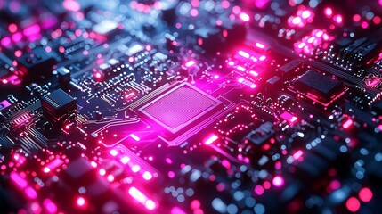 Obraz premium Illuminated Circuit Board, Technology, Close-up, Pink, Blue, Background Glows