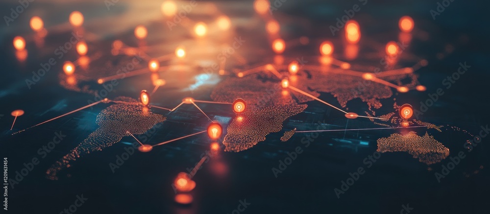 Poster global network connection, illuminated map.