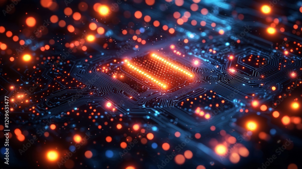 Poster illuminated cpu, circuit board, data flow, technology, background bokeh, for tech articles