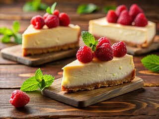 Delicious Cheesecake Breakfast with Raspberries: Stock Photo