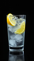 Photo glass of water filled with ice cubes and a slice of lemon against black background. World Alcoholics' Day, February 20