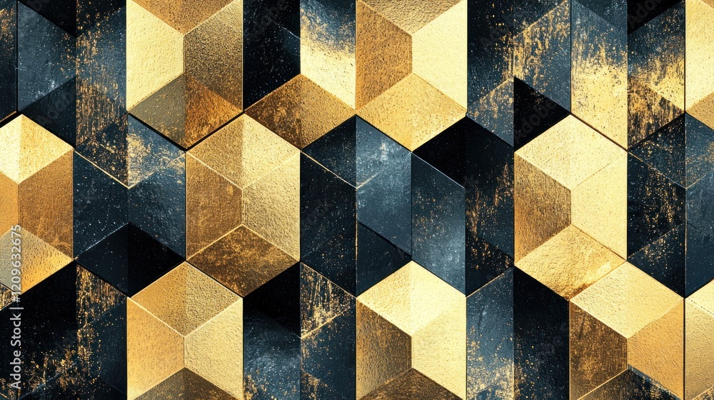 Poster abstract cubes pattern in black and gold geometric background with textured design