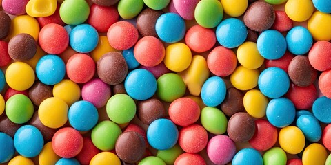 Obraz premium Colorful round candies in vibrant shades of yellow, blue, red, green, and brown, scattered densely across a flat surface, creating a playful backdrop.