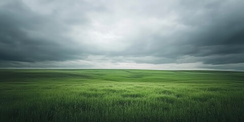 Lush green field stretching across the horizon beneath a moody overcast sky with dark gray clouds dominating the upper portion of the image