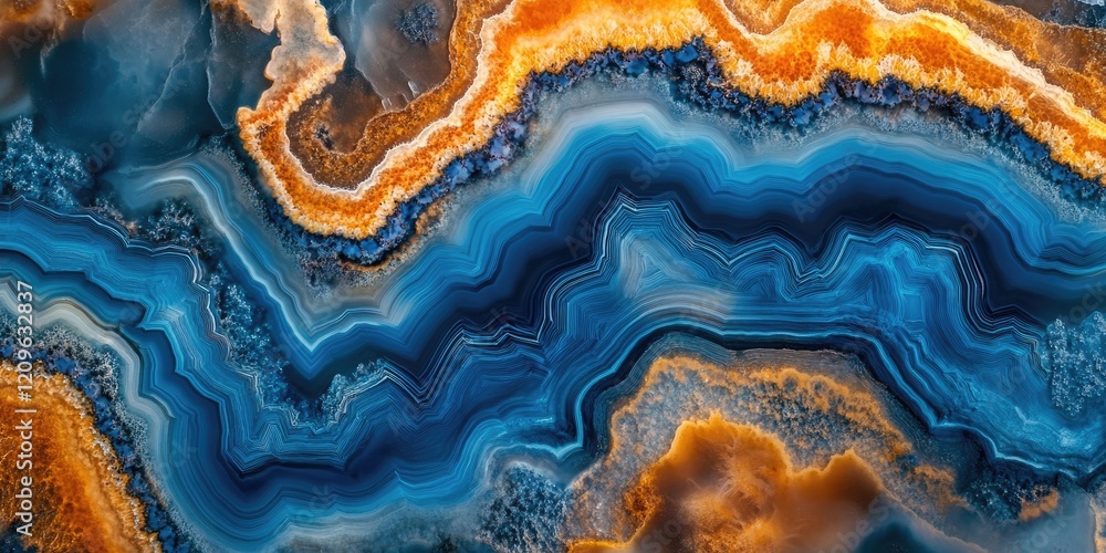 Fototapete blue and orange agate slice with wavy patterns creating an abstract mineral background showcasing ri