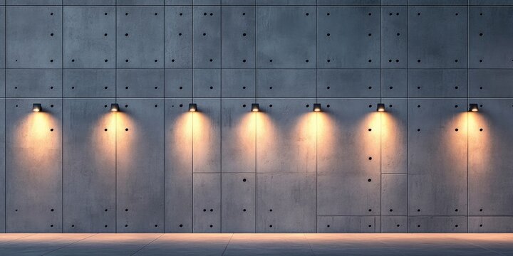 Concrete wall with six outdoor lighting fixtures casting warm light; gray texture, even distribution with soft shadows, modern minimalistic design.