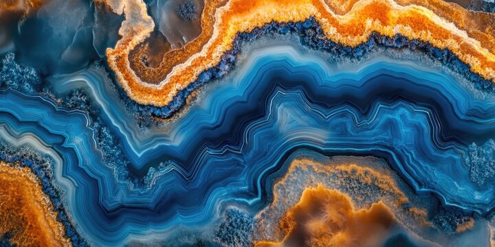 Blue and orange agate slice with wavy patterns creating an abstract mineral background showcasing rich textures and vibrant colors.
