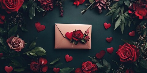 Valentines Day composition with gold envelope adorned with roses and scattered red hearts on dark green background surrounded by lush greenery