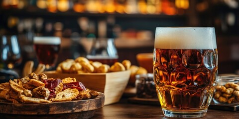 Rich amber beer in a glass foreground with assorted savory snacks on wooden platters in a warm pub setting with blurred background and copy space