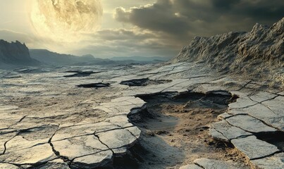 Obraz premium Cracked terrain under large moon with dramatic skies.