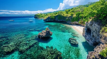 Crystal-clear waters revealing vibrant coral reefs beneath, photographed from a drone for a stunning spring beach panorama.