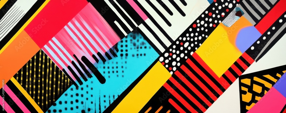 Poster abstract composition of colorful stripes and geometric patterns.