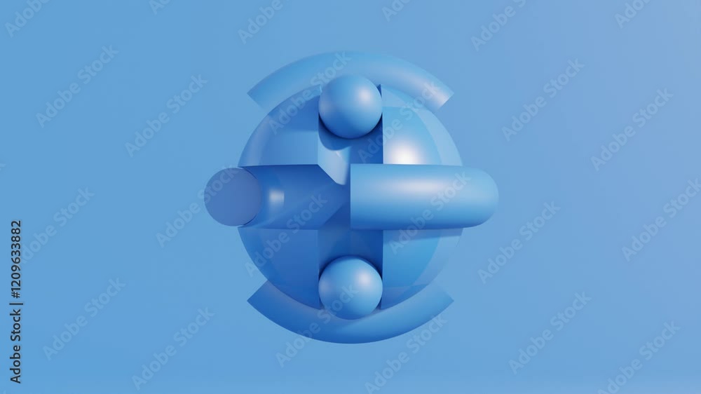 Poster abstract blue 3d animation with spheres and torus segments in dynamic looped motion for professional