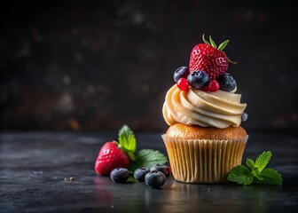 Delicious Cupcake with Fresh Berries on Dark Background - Stock Photo
