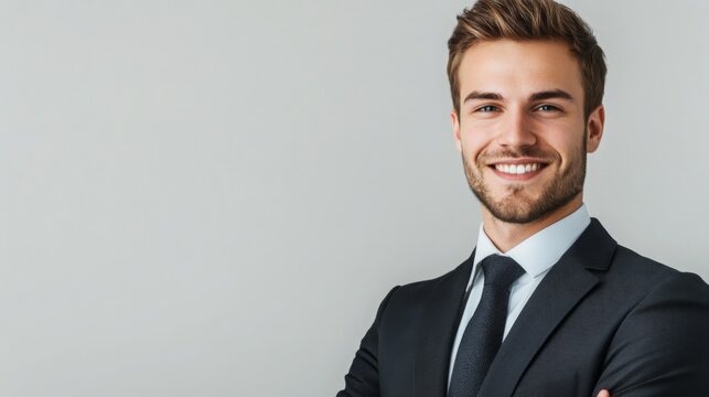 Smiling young professional man dressed in a formal suit with a pleasant appearance on a white background