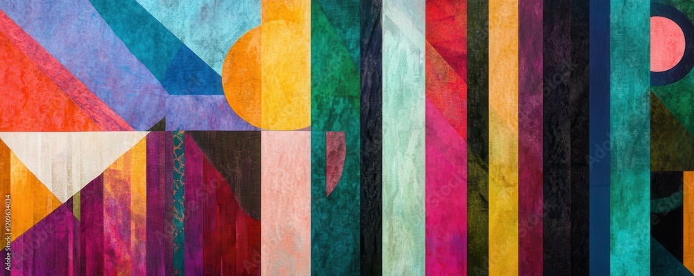 Poster abstract composition of colorful stripes and geometric patterns.
